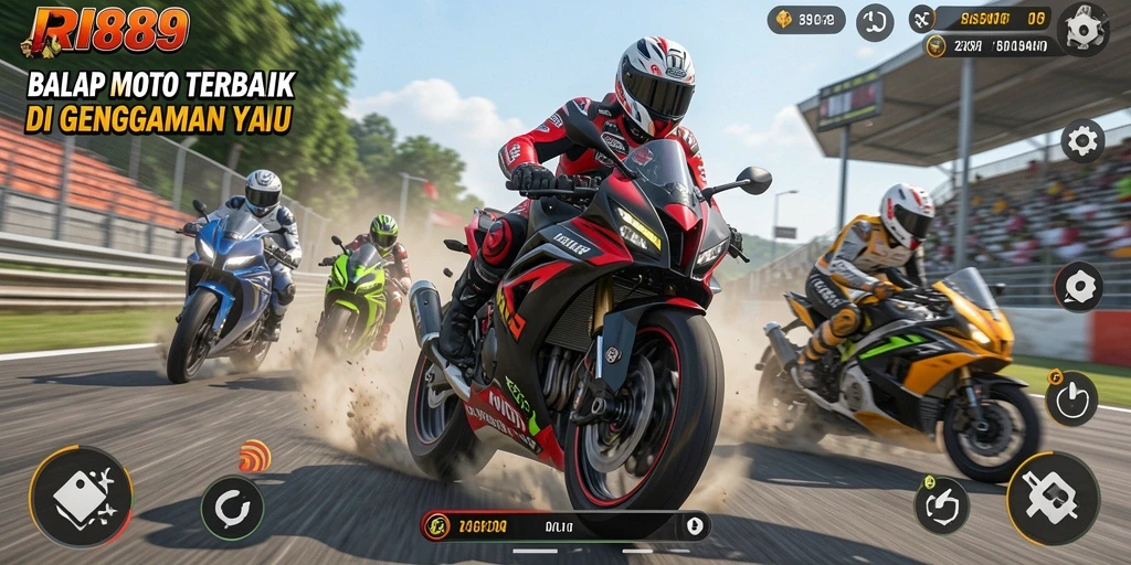 Gameplay RI889 yang seru dengan aksi balapan motor yang mendebarkan.