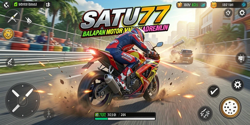 Screenshot gameplay SATU77 menampilkan balapan motor yang seru dan menegangkan.